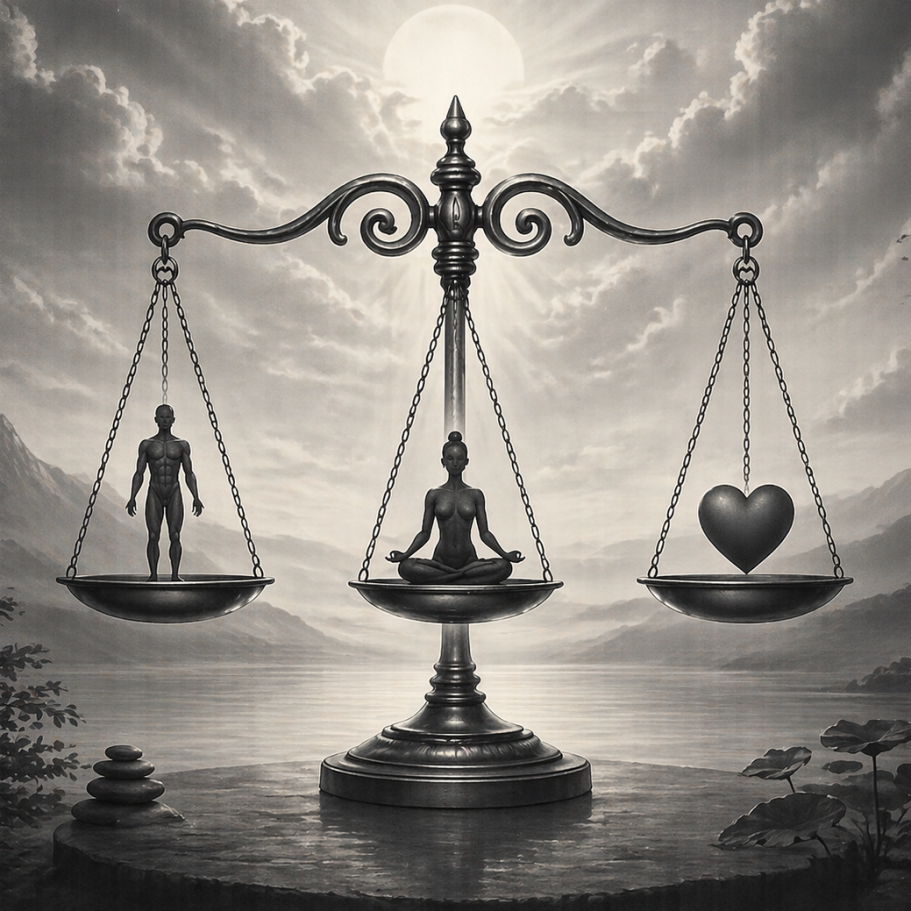 Waage mit Mensch, meditierendem Buddha und Herz, vor einer mystischen Landschaft.