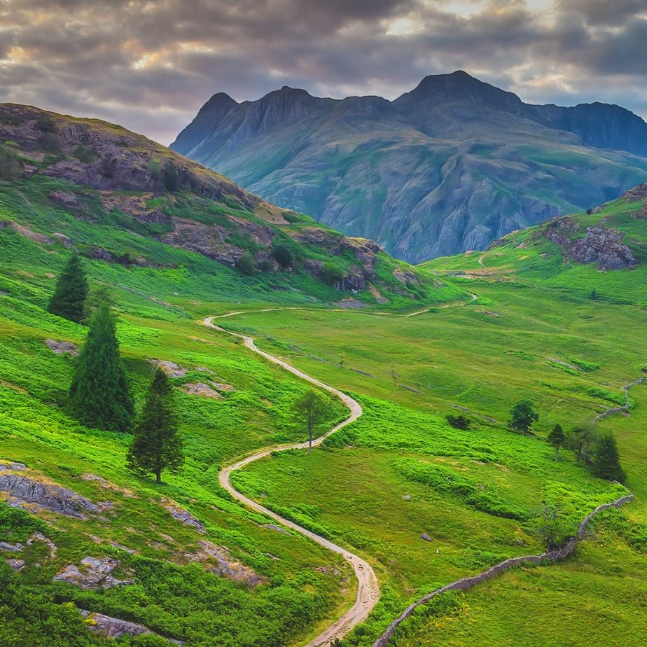 Wunderschöne Landschaft mit sanften Hügeln, einem Weg und Bergen im Hintergrund.