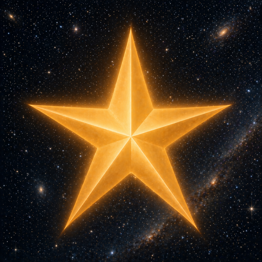 Leuchtender, orangefarbener fünfzackiger Stern vor einem dunklen, sternenbesäten Hintergrund.