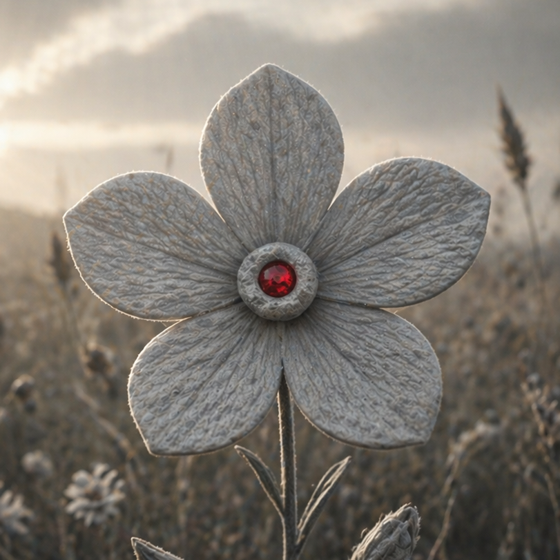 Blüte STILLES KUNSTWERK EINER BLUME MIT ROTEM EDELSTEIN IM MITTELPUNKT, UMGEBEN VON NEBEL.